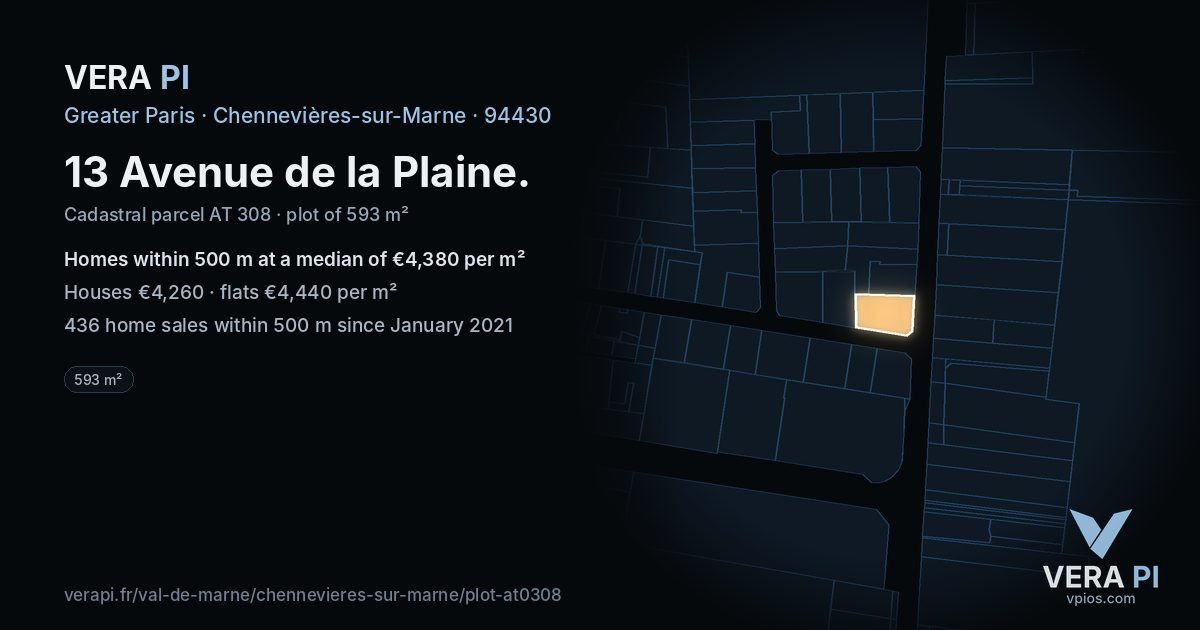 13 Avenue de la Plaine, Chennevières-sur-Marne at night – the plot lit, the parcels around coloured by the prices near them