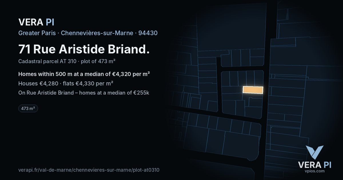 71 Rue Aristide Briand, Chennevières-sur-Marne at night – the plot lit, the parcels around coloured by the prices near them
