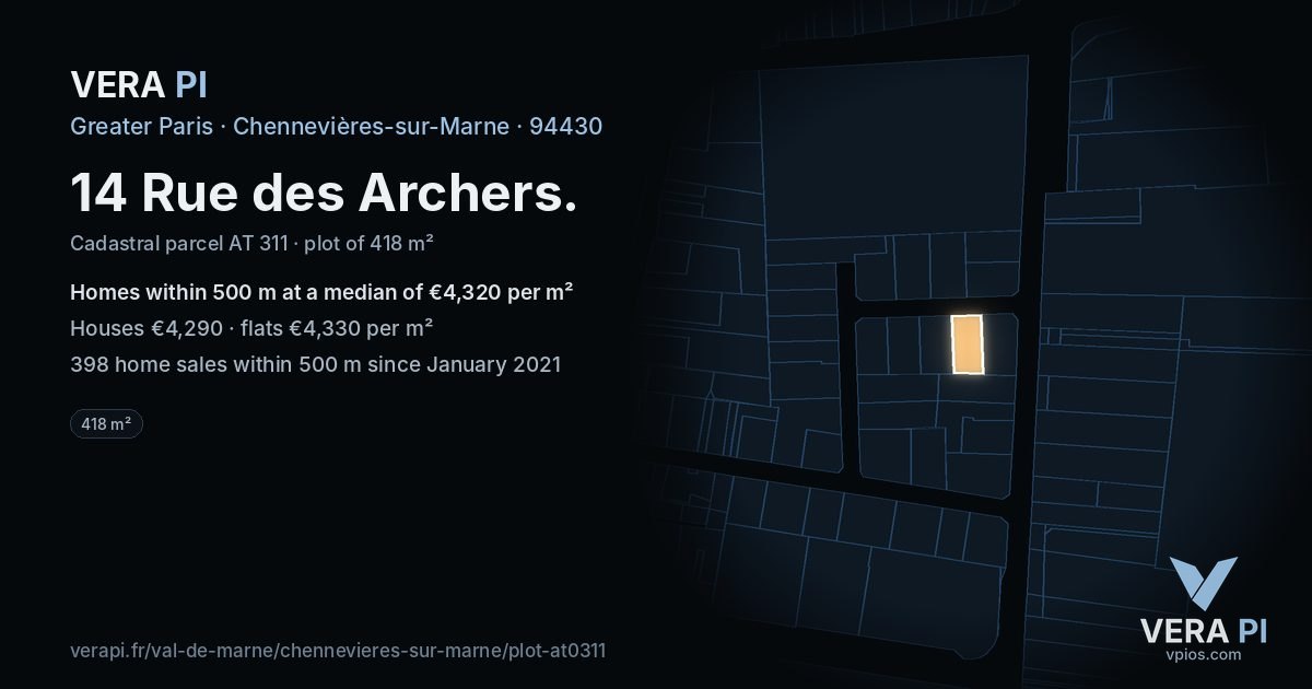 14 Rue des Archers, Chennevières-sur-Marne at night – the plot lit, the parcels around coloured by the prices near them