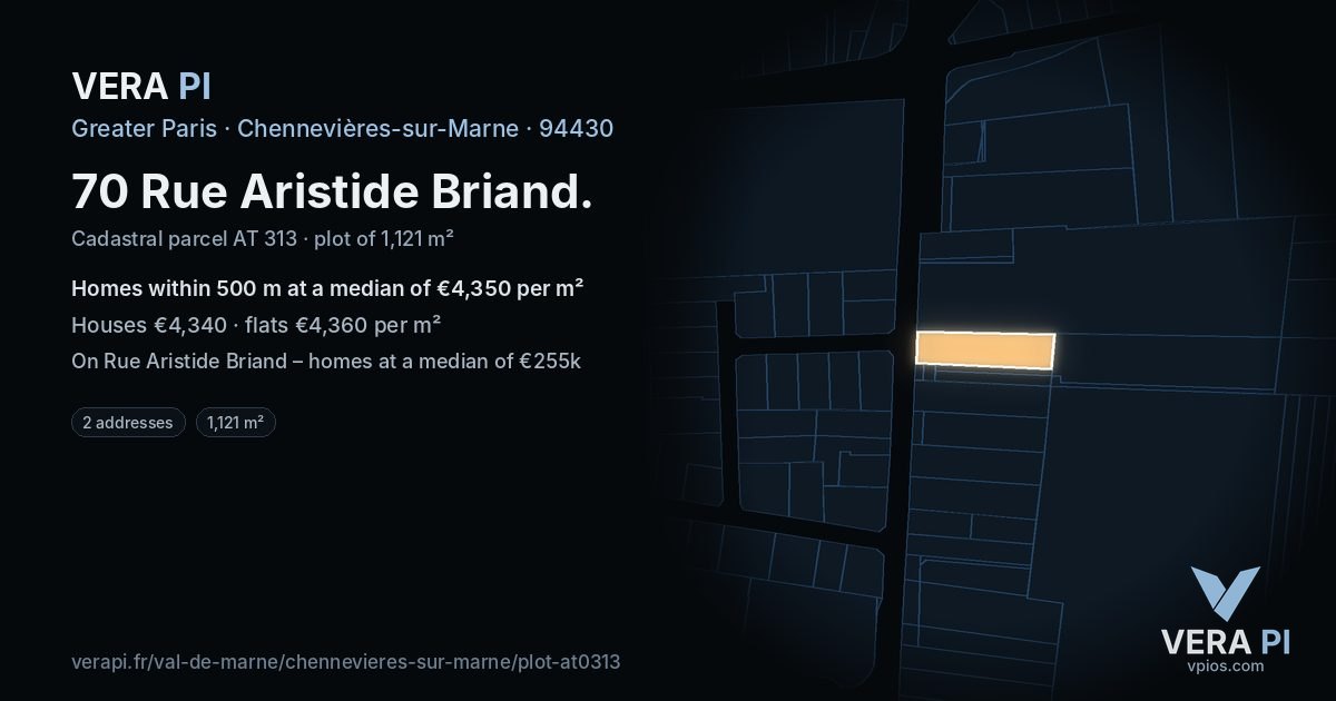 70 Rue Aristide Briand, Chennevières-sur-Marne at night – the plot lit, the parcels around coloured by the prices near them