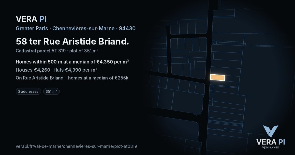 58 ter Rue Aristide Briand, Chennevières-sur-Marne at night – the plot lit, the parcels around coloured by the prices near them