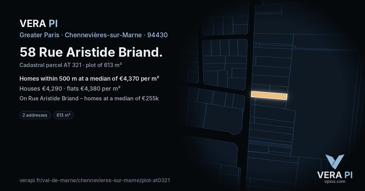 58 Rue Aristide Briand, Chennevières-sur-Marne at night – the plot lit, the parcels around coloured by the prices near them