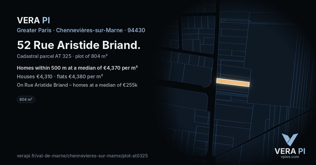 52 Rue Aristide Briand, Chennevières-sur-Marne at night – the plot lit, the parcels around coloured by the prices near them