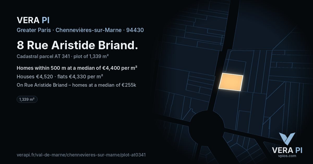 8 Rue Aristide Briand, Chennevières-sur-Marne at night – the plot lit, the parcels around coloured by the prices near them