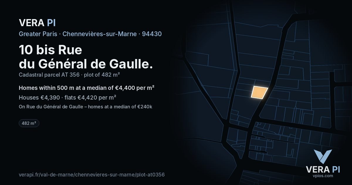 10 bis Rue du Général de Gaulle, Chennevières-sur-Marne at night – the plot lit, the parcels around coloured by the prices near them