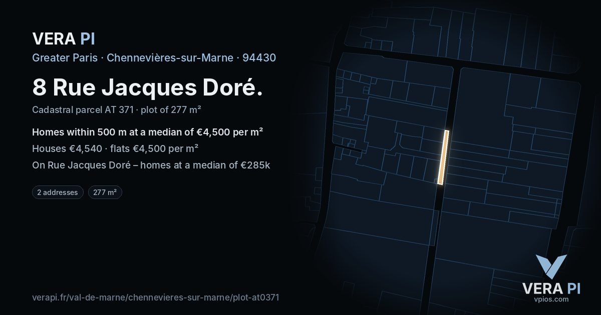8 Rue Jacques Doré, Chennevières-sur-Marne at night – the plot lit, the parcels around coloured by the prices near them
