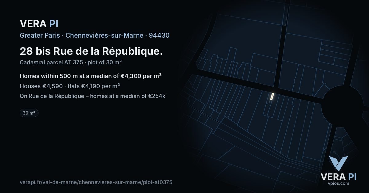 28 bis Rue de la République, Chennevières-sur-Marne at night – the plot lit, the parcels around coloured by the prices near them