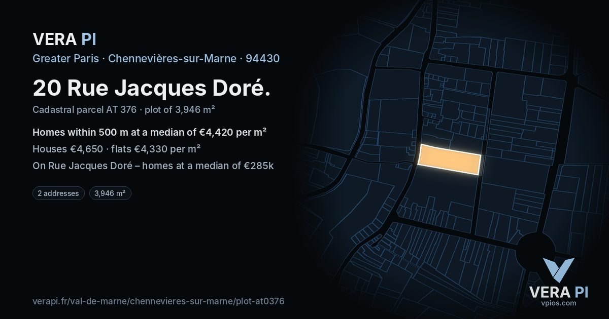 20 Rue Jacques Doré, Chennevières-sur-Marne at night – the plot lit, the parcels around coloured by the prices near them