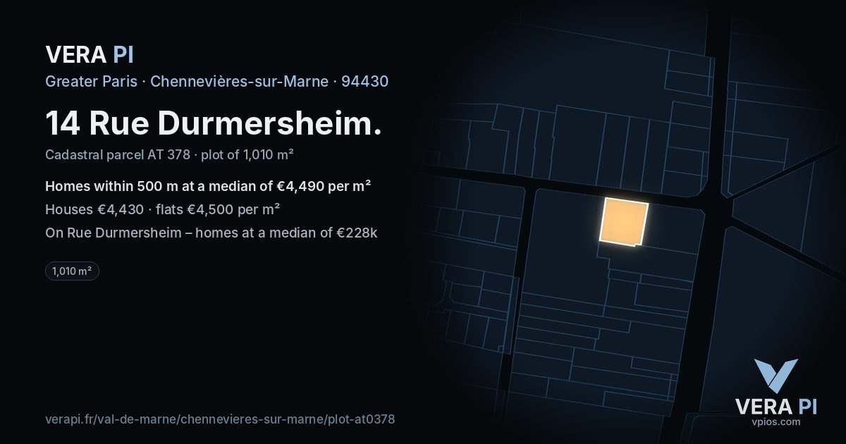 14 Rue Durmersheim, Chennevières-sur-Marne at night – the plot lit, the parcels around coloured by the prices near them