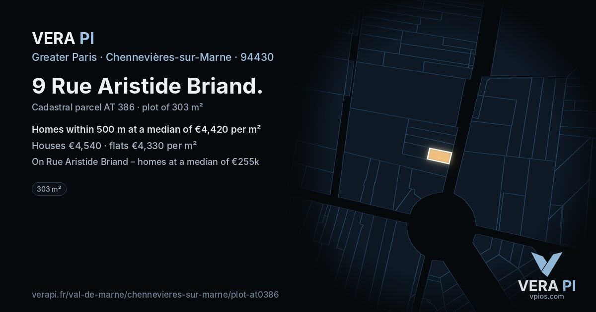 9 Rue Aristide Briand, Chennevières-sur-Marne at night – the plot lit, the parcels around coloured by the prices near them