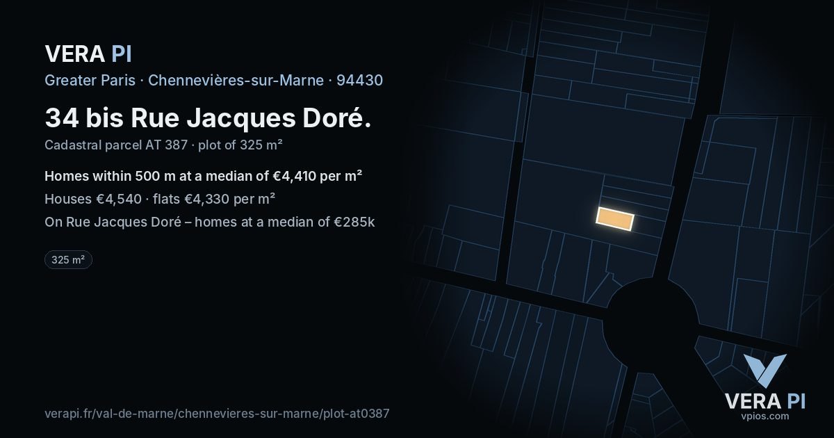 34 bis Rue Jacques Doré, Chennevières-sur-Marne at night – the plot lit, the parcels around coloured by the prices near them