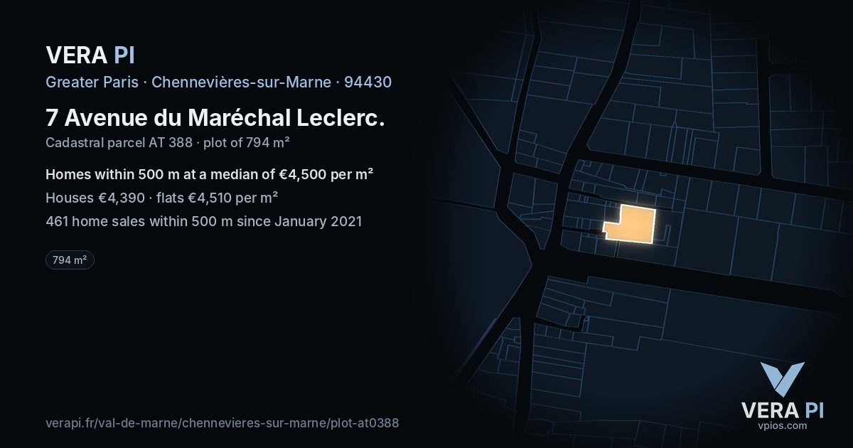 7 Avenue du Maréchal Leclerc, Chennevières-sur-Marne at night – the plot lit, the parcels around coloured by the prices near them