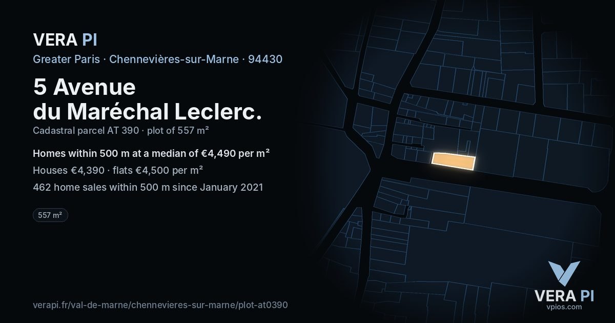 5 Avenue du Maréchal Leclerc, Chennevières-sur-Marne at night – the plot lit, the parcels around coloured by the prices near them