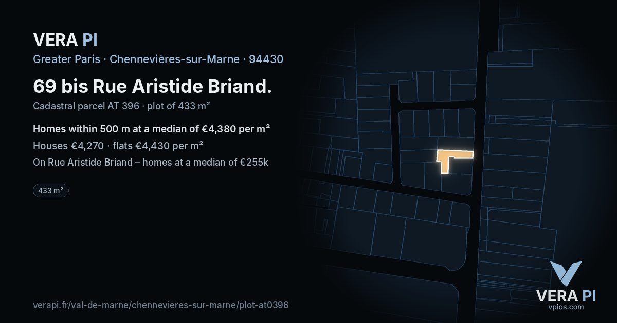 69 bis Rue Aristide Briand, Chennevières-sur-Marne at night – the plot lit, the parcels around coloured by the prices near them