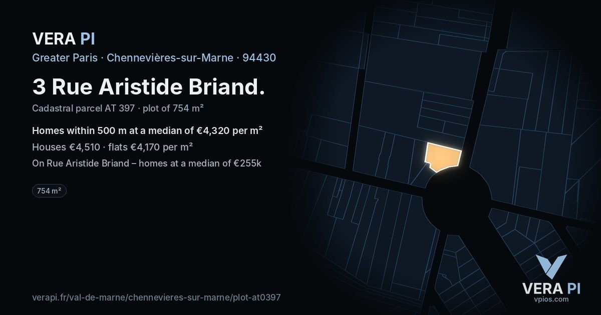 3 Rue Aristide Briand, Chennevières-sur-Marne at night – the plot lit, the parcels around coloured by the prices near them