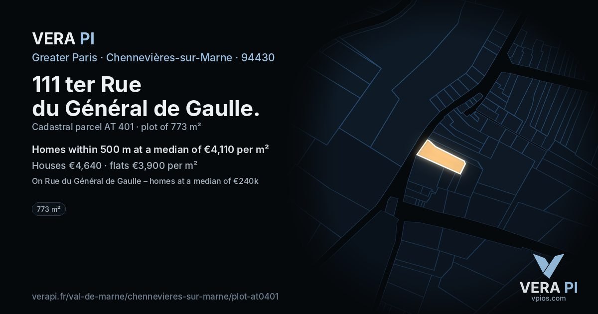 111 ter Rue du Général de Gaulle, Chennevières-sur-Marne at night – the plot lit, the parcels around coloured by the prices near them