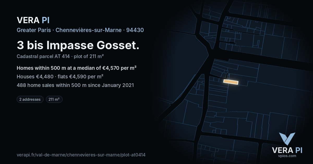 3 bis Impasse Gosset, Chennevières-sur-Marne at night – the plot lit, the parcels around coloured by the prices near them