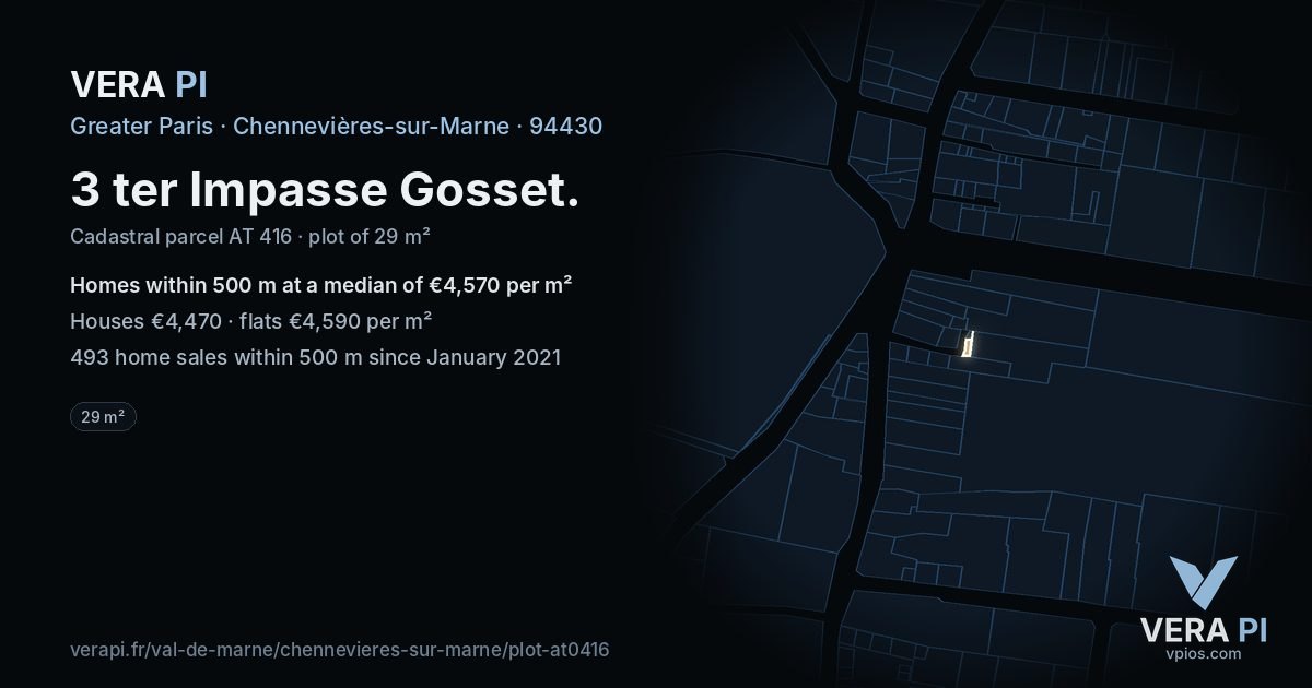3 ter Impasse Gosset, Chennevières-sur-Marne at night – the plot lit, the parcels around coloured by the prices near them