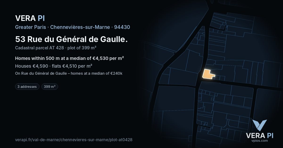 53 Rue du Général de Gaulle, Chennevières-sur-Marne at night – the plot lit, the parcels around coloured by the prices near them