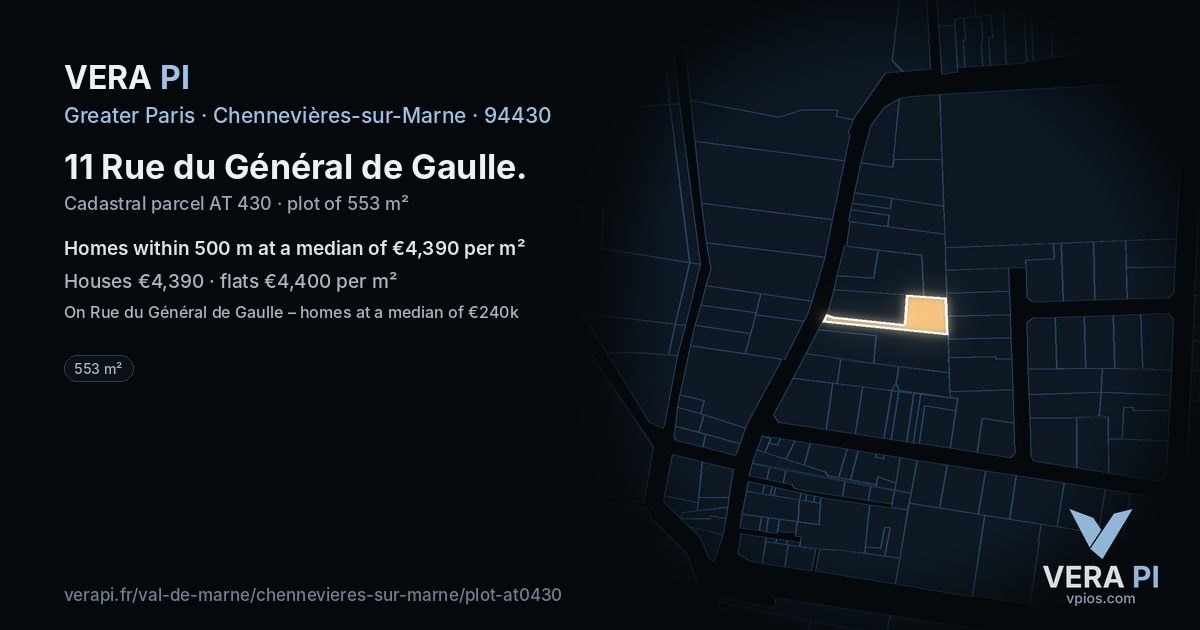 11 Rue du Général de Gaulle, Chennevières-sur-Marne at night – the plot lit, the parcels around coloured by the prices near them
