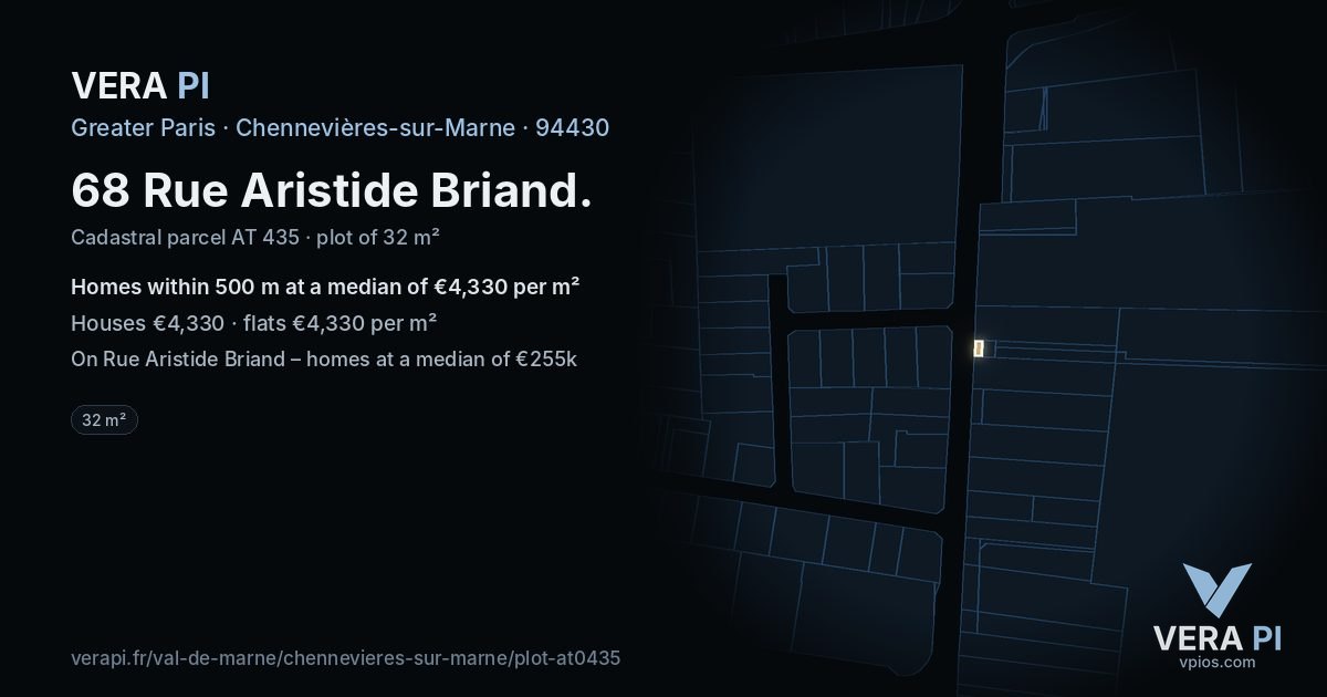 68 Rue Aristide Briand, Chennevières-sur-Marne at night – the plot lit, the parcels around coloured by the prices near them