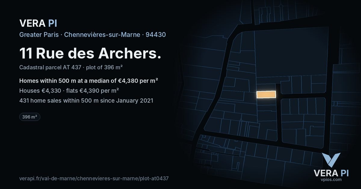 11 Rue des Archers, Chennevières-sur-Marne at night – the plot lit, the parcels around coloured by the prices near them
