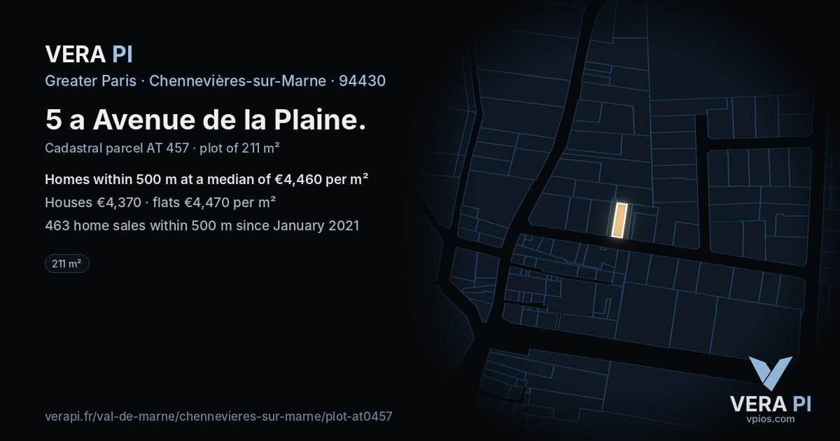 5 a Avenue de la Plaine, Chennevières-sur-Marne at night – the plot lit, the parcels around coloured by the prices near them