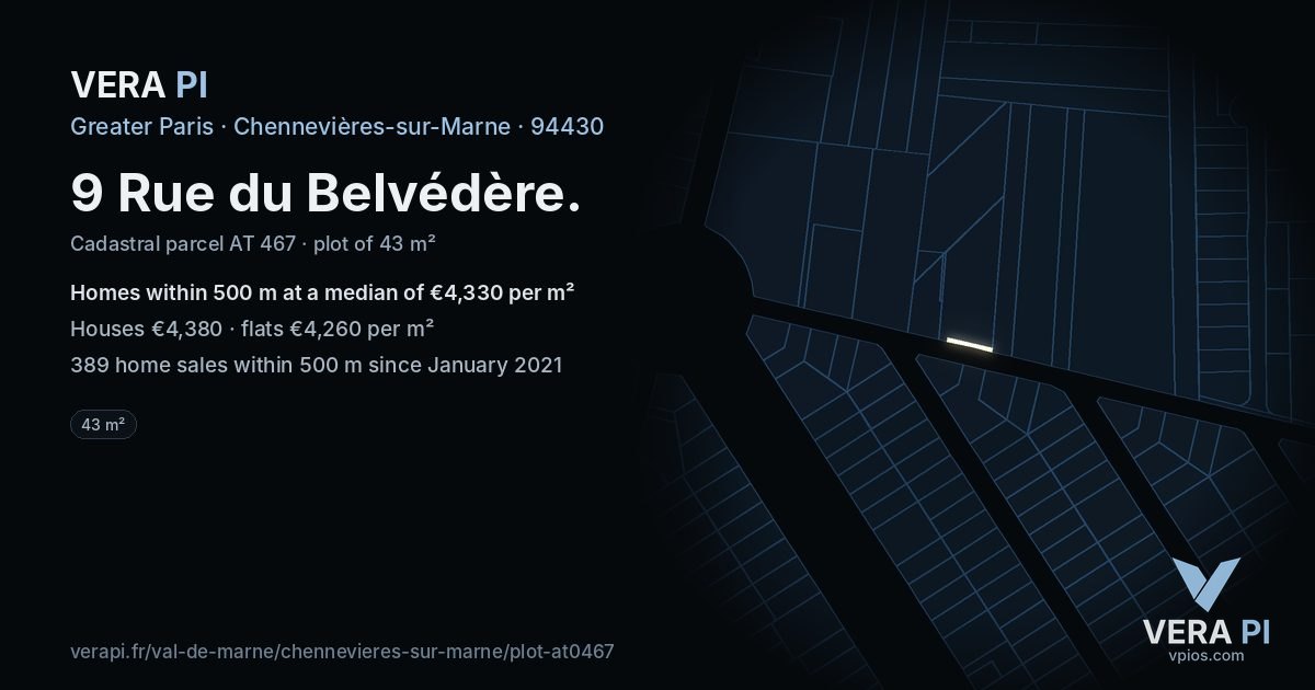 9 Rue du Belvédère, Chennevières-sur-Marne at night – the plot lit, the parcels around coloured by the prices near them