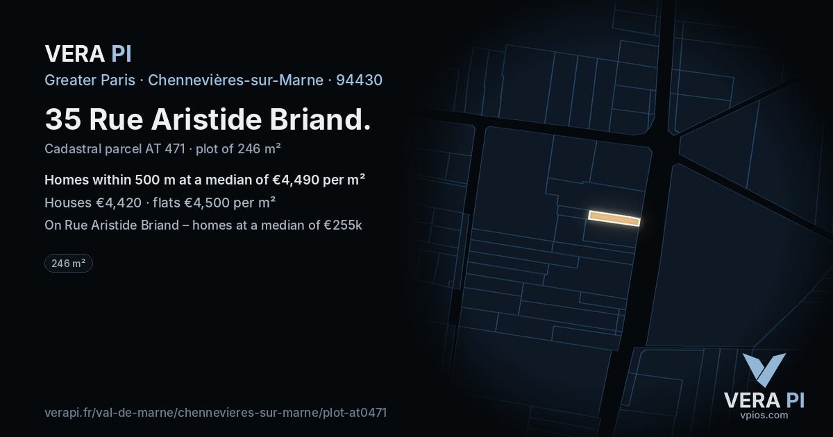 35 Rue Aristide Briand, Chennevières-sur-Marne at night – the plot lit, the parcels around coloured by the prices near them