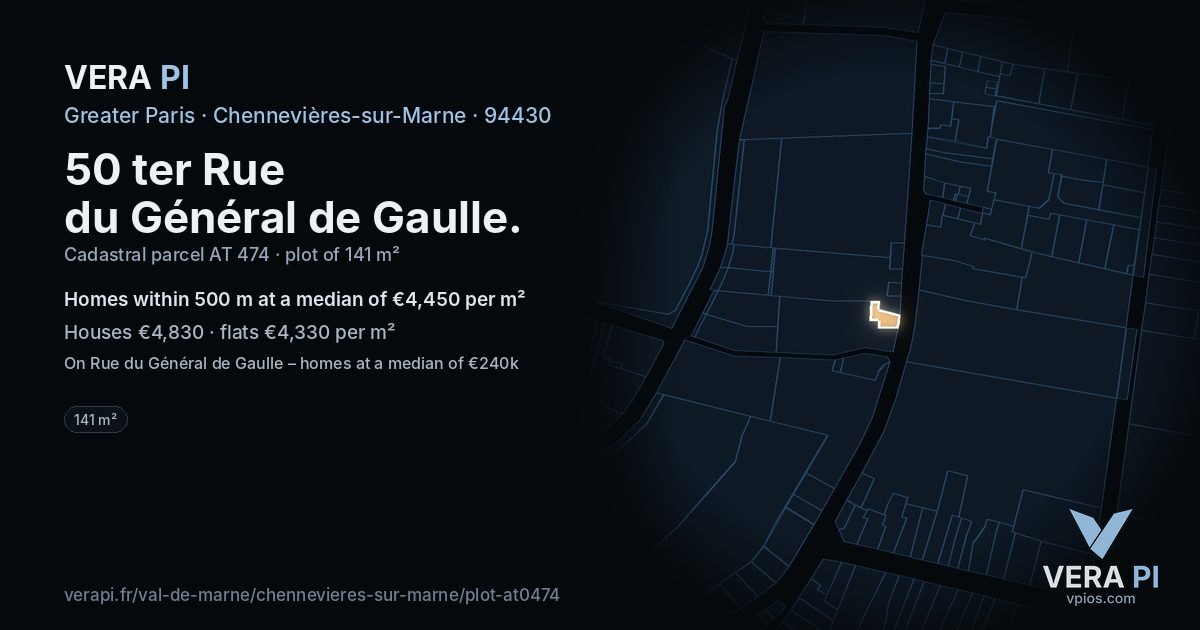 50 ter Rue du Général de Gaulle, Chennevières-sur-Marne at night – the plot lit, the parcels around coloured by the prices near them