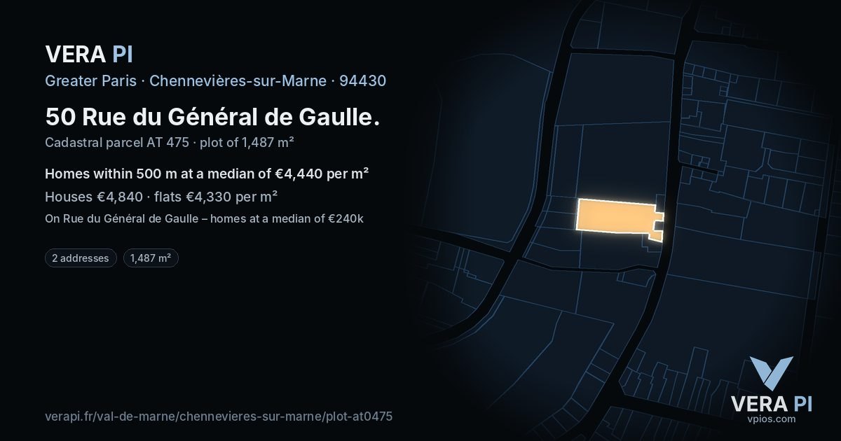 50 Rue du Général de Gaulle, Chennevières-sur-Marne at night – the plot lit, the parcels around coloured by the prices near them