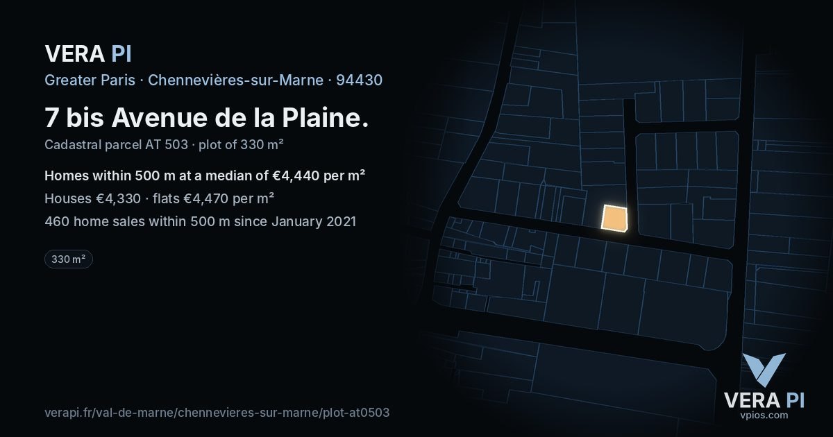 7 bis Avenue de la Plaine, Chennevières-sur-Marne at night – the plot lit, the parcels around coloured by the prices near them
