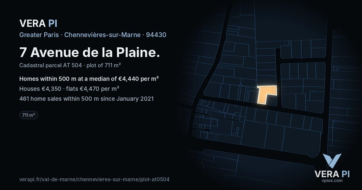 7 Avenue de la Plaine, Chennevières-sur-Marne at night – the plot lit, the parcels around coloured by the prices near them