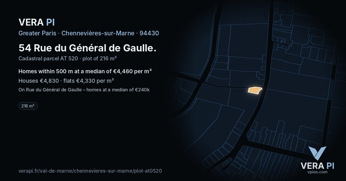 54 Rue du Général de Gaulle, Chennevières-sur-Marne at night – the plot lit, the parcels around coloured by the prices near them
