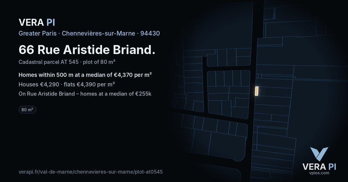 66 Rue Aristide Briand, Chennevières-sur-Marne at night – the plot lit, the parcels around coloured by the prices near them