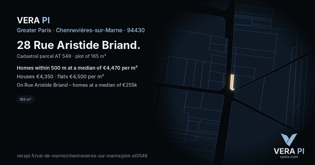 28 Rue Aristide Briand, Chennevières-sur-Marne at night – the plot lit, the parcels around coloured by the prices near them
