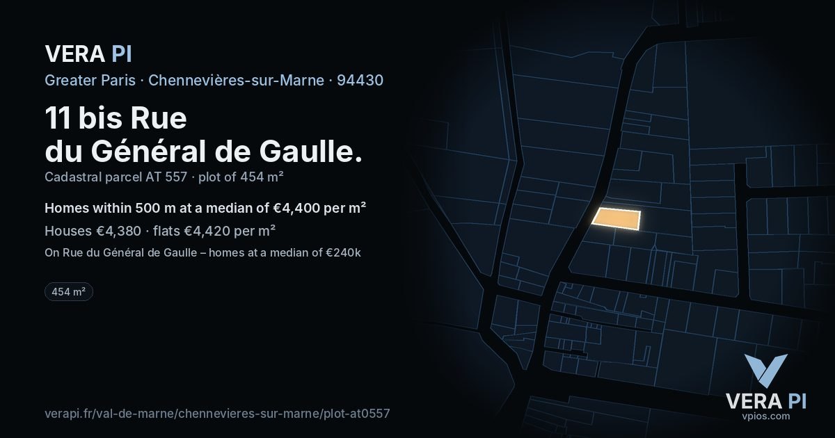 11 bis Rue du Général de Gaulle, Chennevières-sur-Marne at night – the plot lit, the parcels around coloured by the prices near them