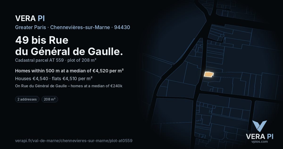 49 bis Rue du Général de Gaulle, Chennevières-sur-Marne at night – the plot lit, the parcels around coloured by the prices near them