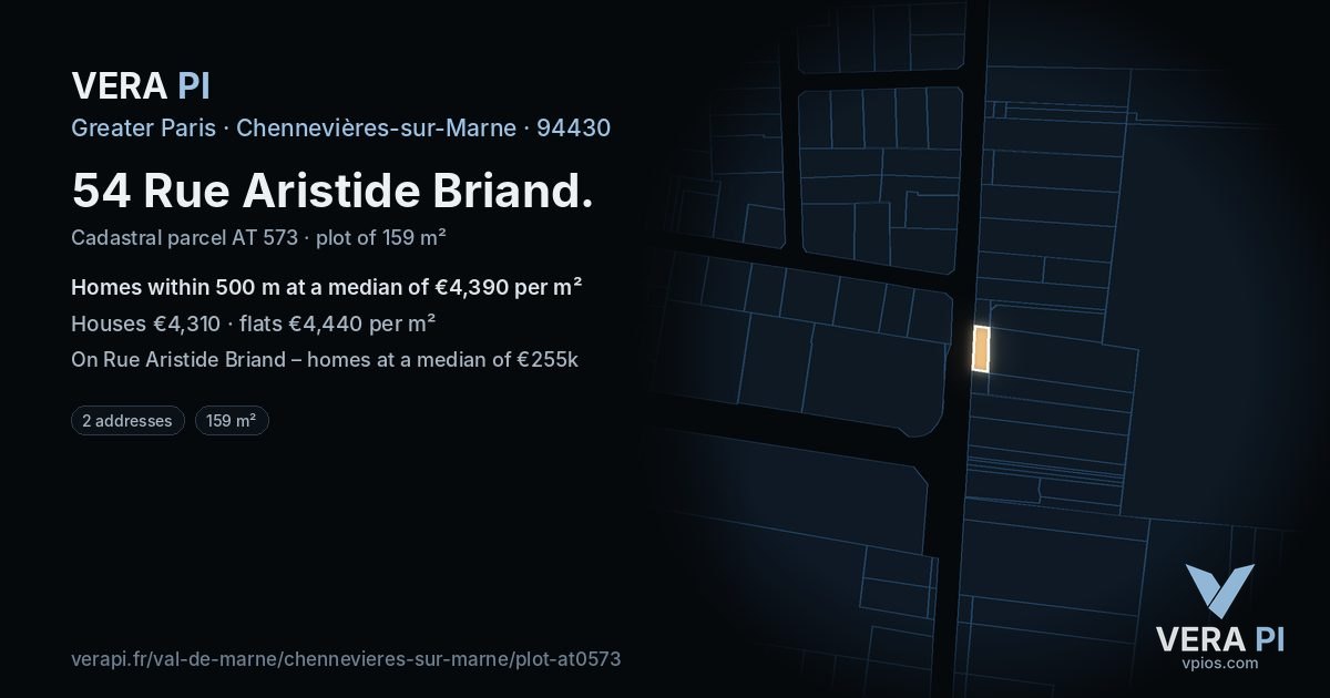 54 Rue Aristide Briand, Chennevières-sur-Marne at night – the plot lit, the parcels around coloured by the prices near them