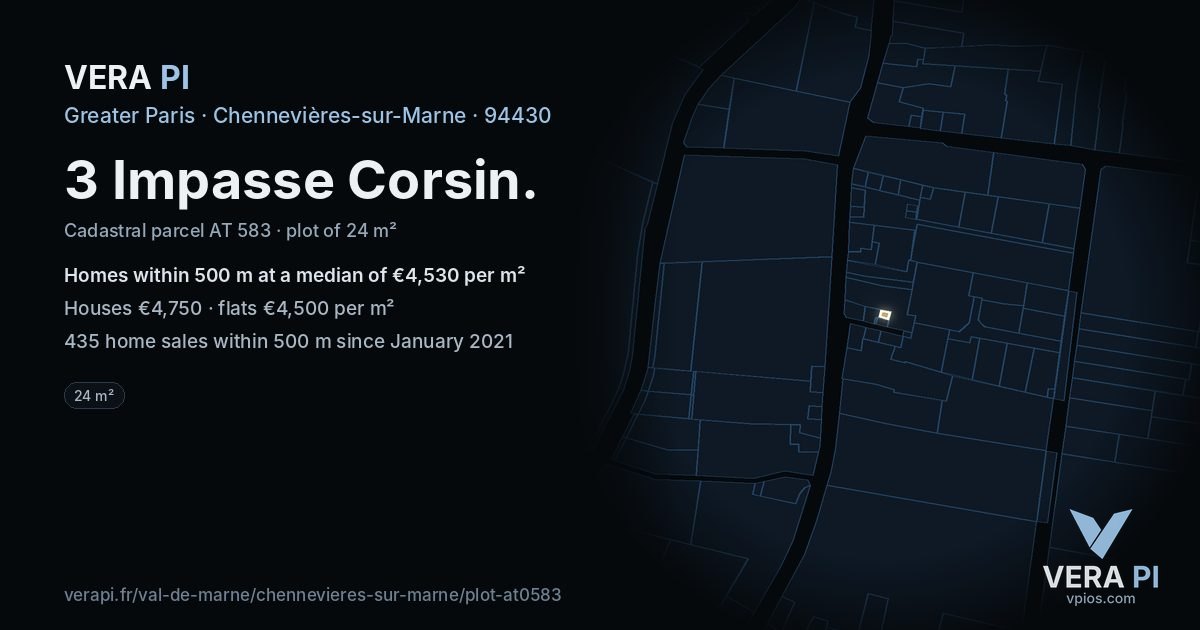 3 Impasse Corsin, Chennevières-sur-Marne at night – the plot lit, the parcels around coloured by the prices near them