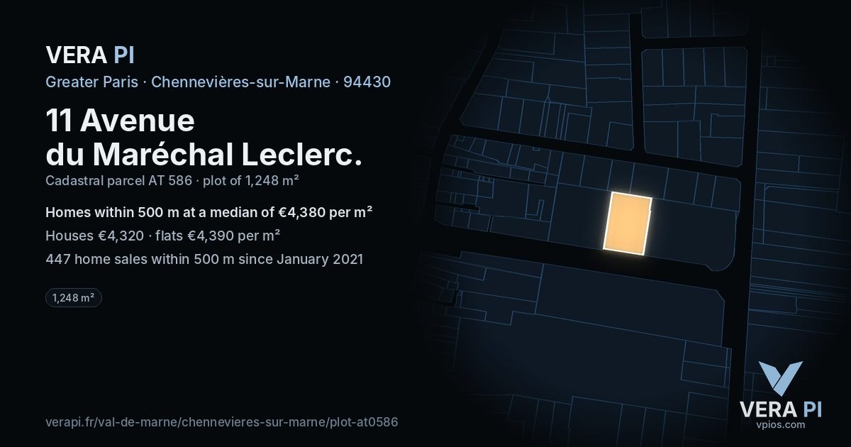 11 Avenue du Maréchal Leclerc, Chennevières-sur-Marne at night – the plot lit, the parcels around coloured by the prices near them
