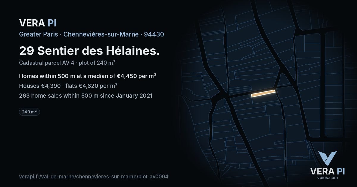 29 Sentier des Hélaines, Chennevières-sur-Marne at night – the plot lit, the parcels around coloured by the prices near them