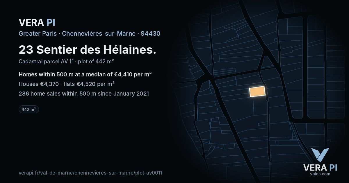 23 Sentier des Hélaines, Chennevières-sur-Marne at night – the plot lit, the parcels around coloured by the prices near them