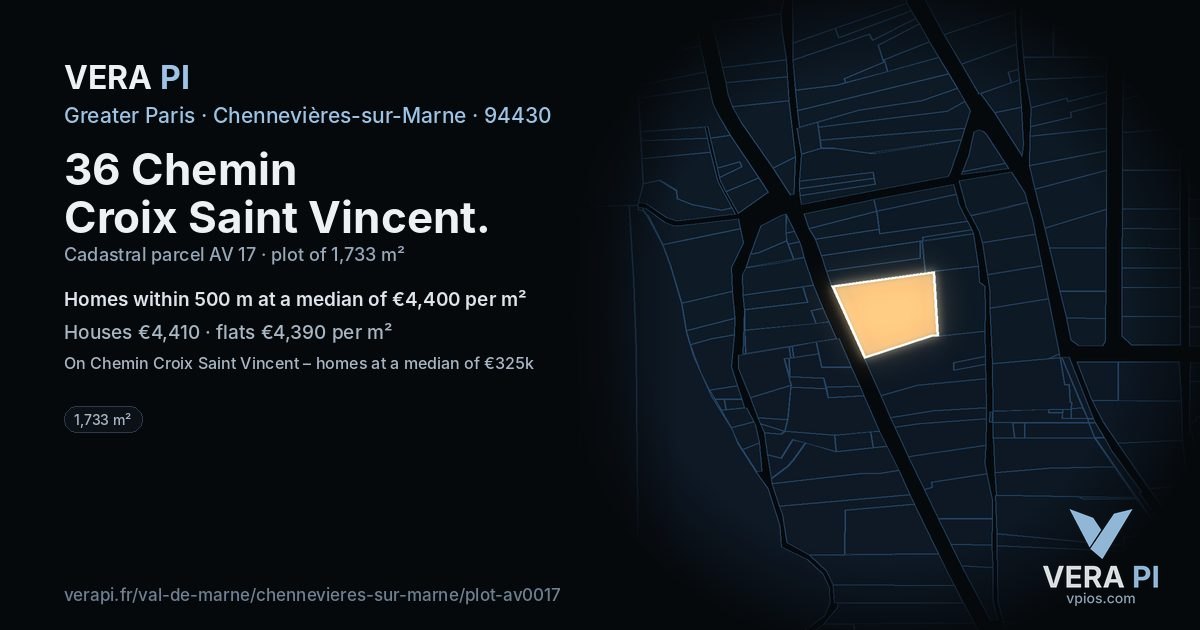 36 Chemin Croix Saint Vincent, Chennevières-sur-Marne at night – the plot lit, the parcels around coloured by the prices near them