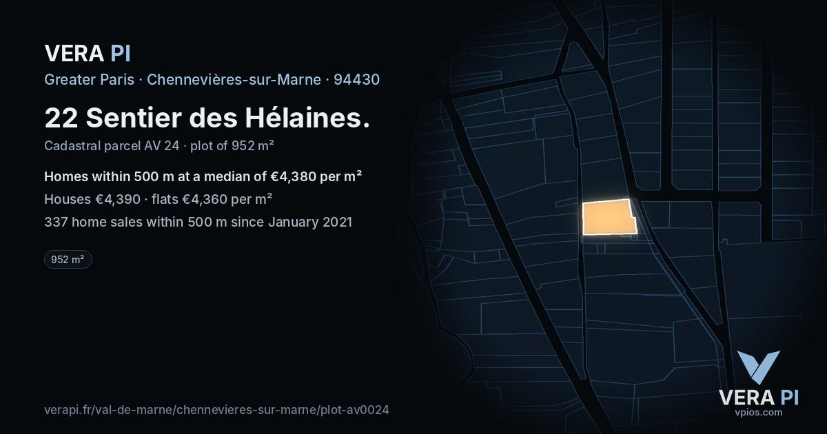 22 Sentier des Hélaines, Chennevières-sur-Marne at night – the plot lit, the parcels around coloured by the prices near them