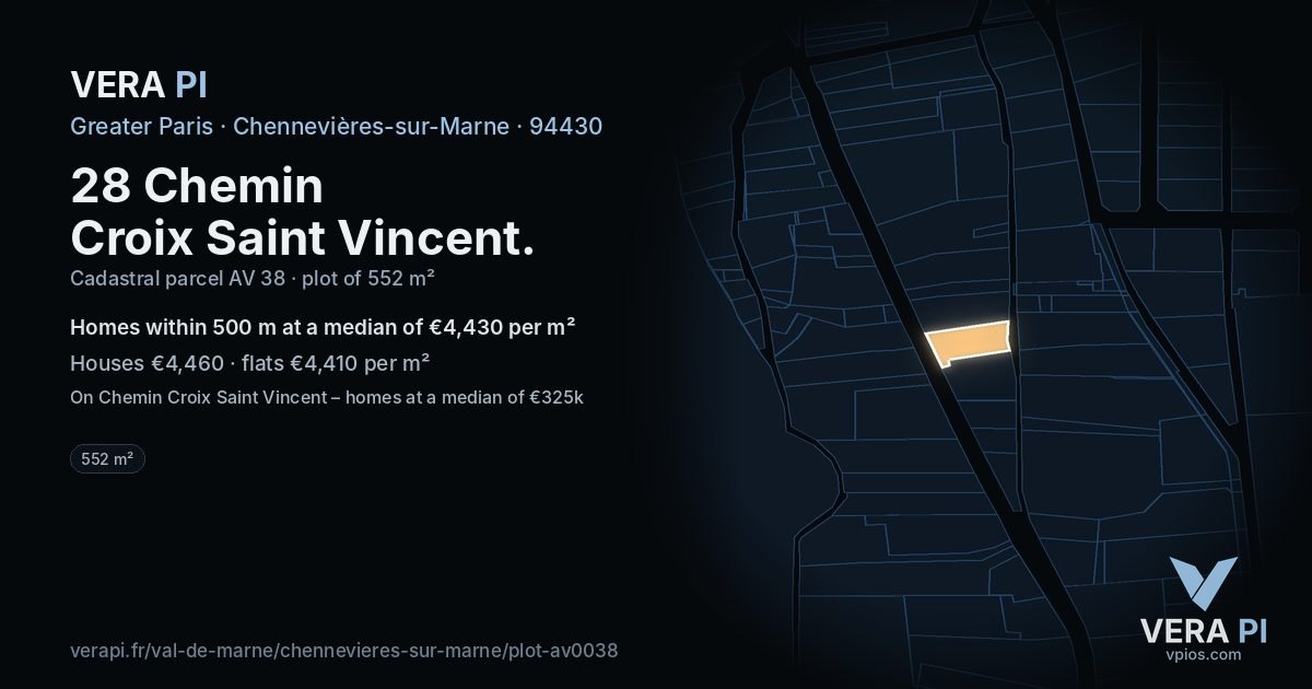 28 Chemin Croix Saint Vincent, Chennevières-sur-Marne at night – the plot lit, the parcels around coloured by the prices near them