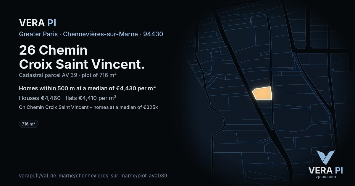 26 Chemin Croix Saint Vincent, Chennevières-sur-Marne at night – the plot lit, the parcels around coloured by the prices near them