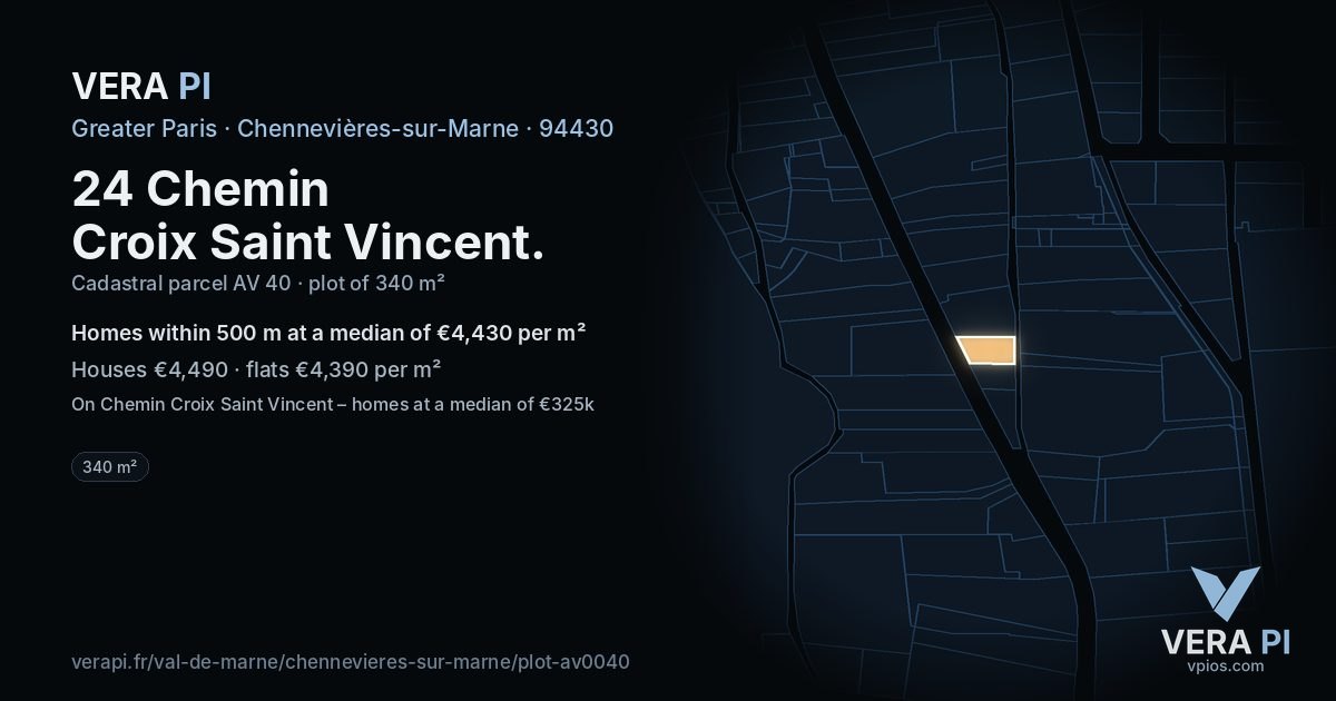 24 Chemin Croix Saint Vincent, Chennevières-sur-Marne at night – the plot lit, the parcels around coloured by the prices near them