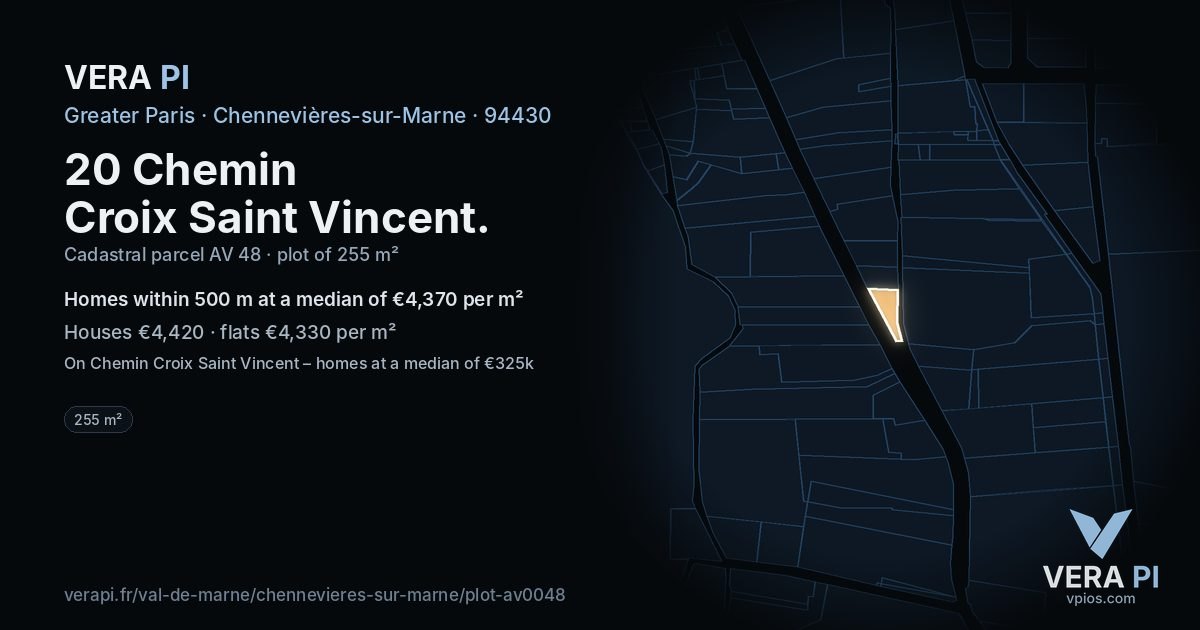 20 Chemin Croix Saint Vincent, Chennevières-sur-Marne at night – the plot lit, the parcels around coloured by the prices near them
