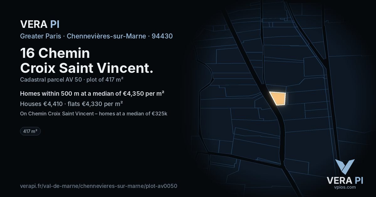 16 Chemin Croix Saint Vincent, Chennevières-sur-Marne at night – the plot lit, the parcels around coloured by the prices near them